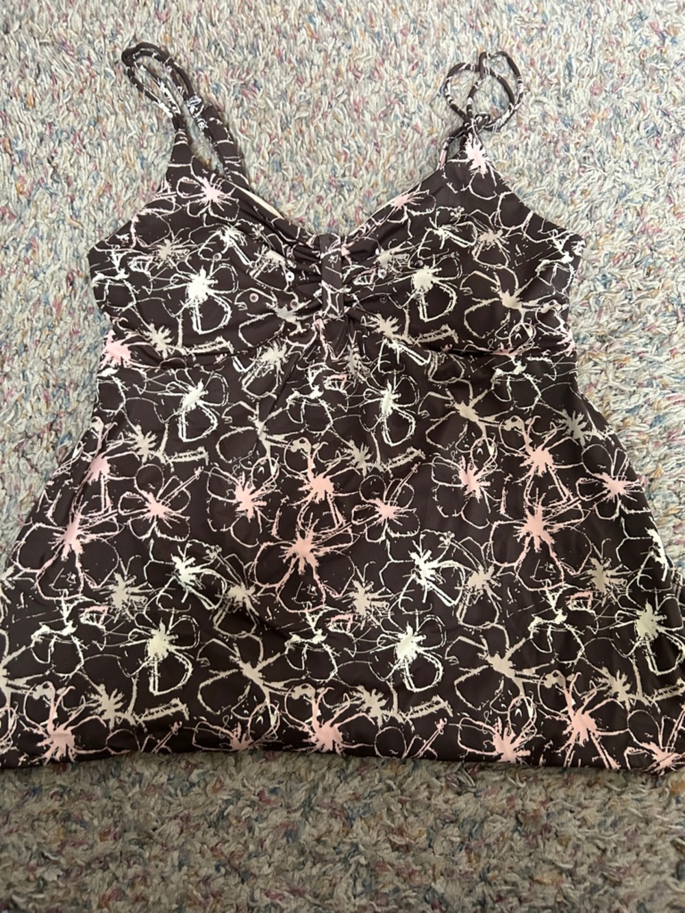 Floral Brown Tankini Swim Top with Pink Accents